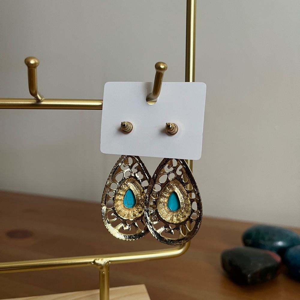 Vintage-look Gold Teardrop Earrings with Faux Turquoise Stone - Women Jewelry - Picture 3 of 7